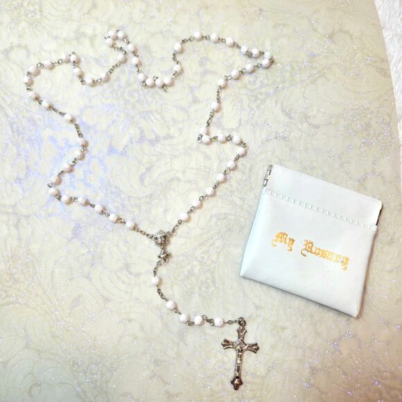 ✝️Vintage White Iridescent Rainbow Finish Faceted Holy Communion Rosary Beads - Picture 1 of 9